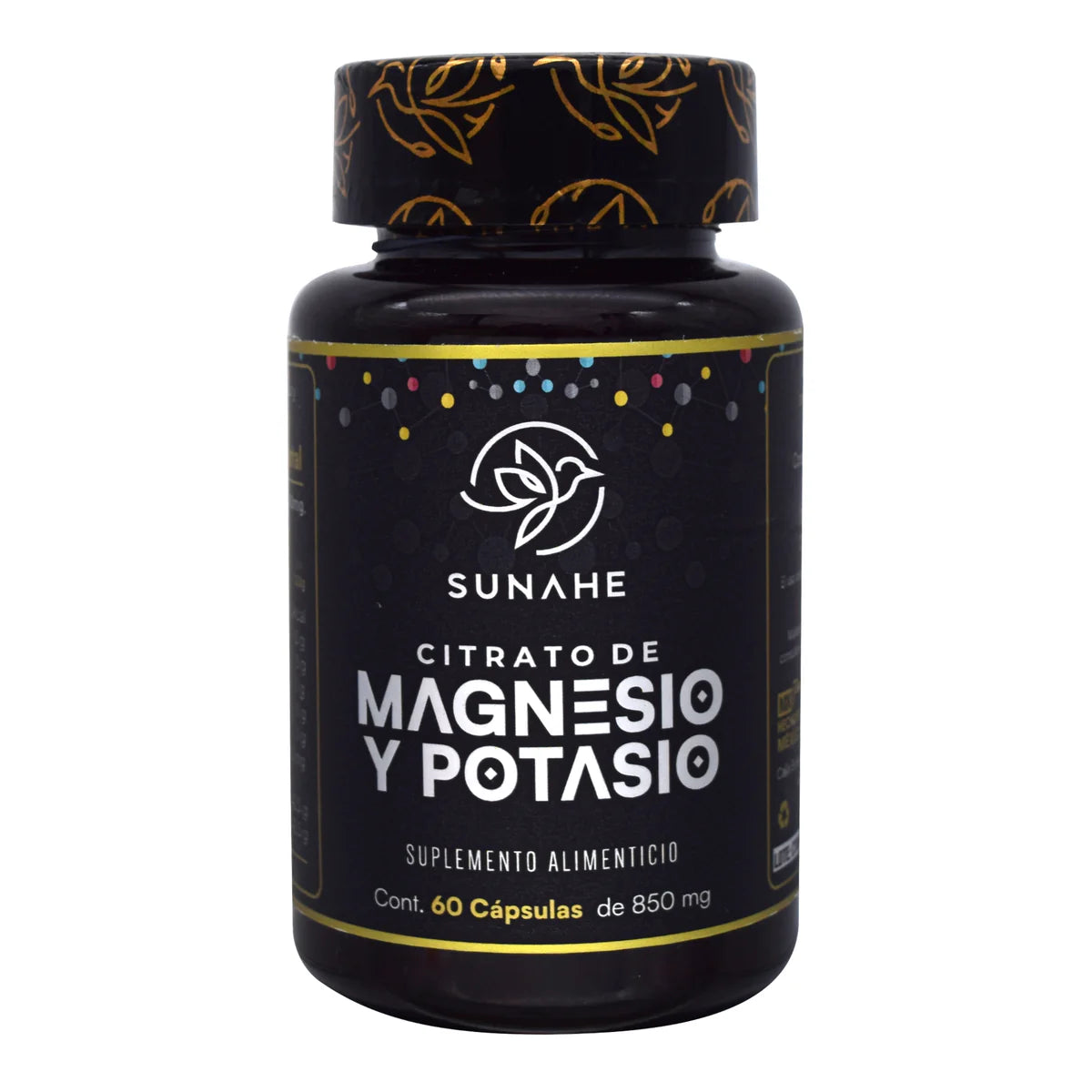 Suplemento alimenticio Citrato de Magnesio y Potasio de la marca Sunahe, presentación en frasco con 60 cápsulas de 850 mg cada una; diseñado para el soporte nutricional y bienestar diario