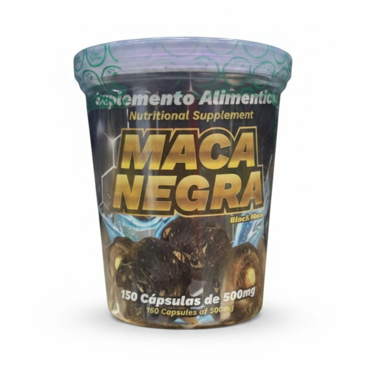 Suplemento alimenticio Maca Negra (Black Maca) de la línea Premium, presentación en bote cilíndrico transparente de plástico con tapa verde brillante; la etiqueta muestra un diseño holográfico y oscuro con destellos dorados, la ilustración de raíces de maca negra en la base y las leyendas "150 Cápsulas de 500mg" y "150 Capsules of 500mg", diseñado para el soporte nutricional y bienestar diario