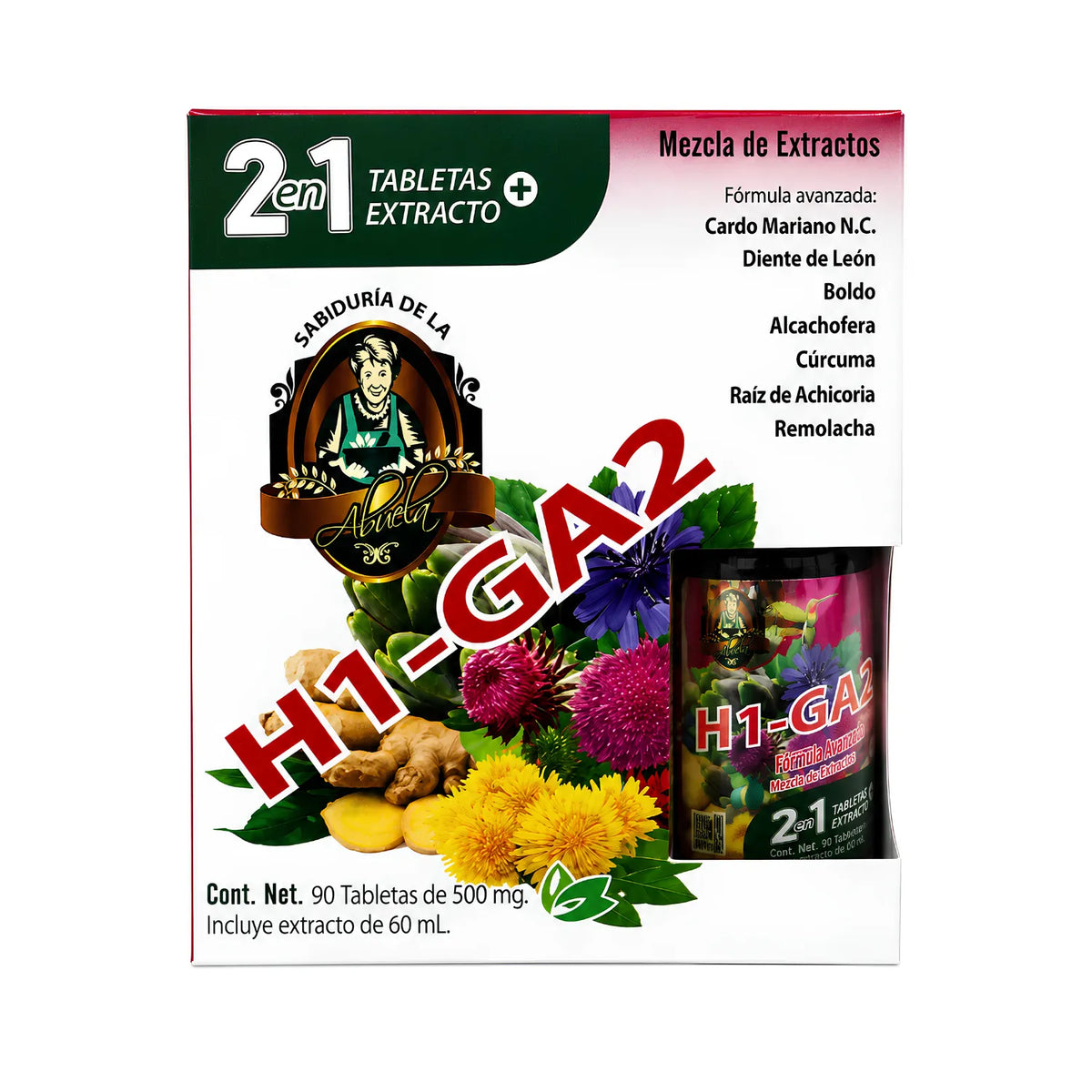 Suplemento alimenticio Higa2 "Mezcla de Extractos 2 en 1" (Tabletas + Extracto). Este producto presenta una fórmula avanzada que combina los beneficios del Cardo Mariano, Diente de León, Boldo, Alcachofa, Cúrcuma, Raíz de Achicoria y Remolacha. Incluye un extracto adicional de 60 ml. Es una solución integral diseñada para complementar la nutrición diaria. 