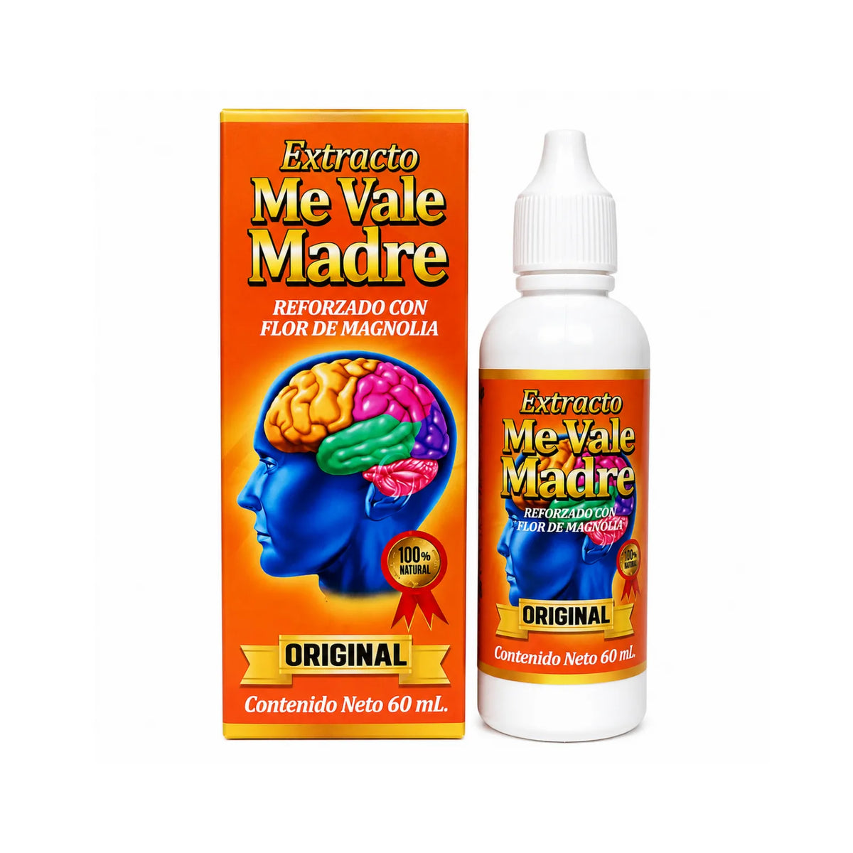 Suplemento alimenticio "Extracto Me Vale Madre". Presentación en botella de 60 ml, reforzado con Flor de Magnolia. Este producto está diseñado como un auxiliar para complementar la nutrición diaria, contribuyendo al bienestar integral. 