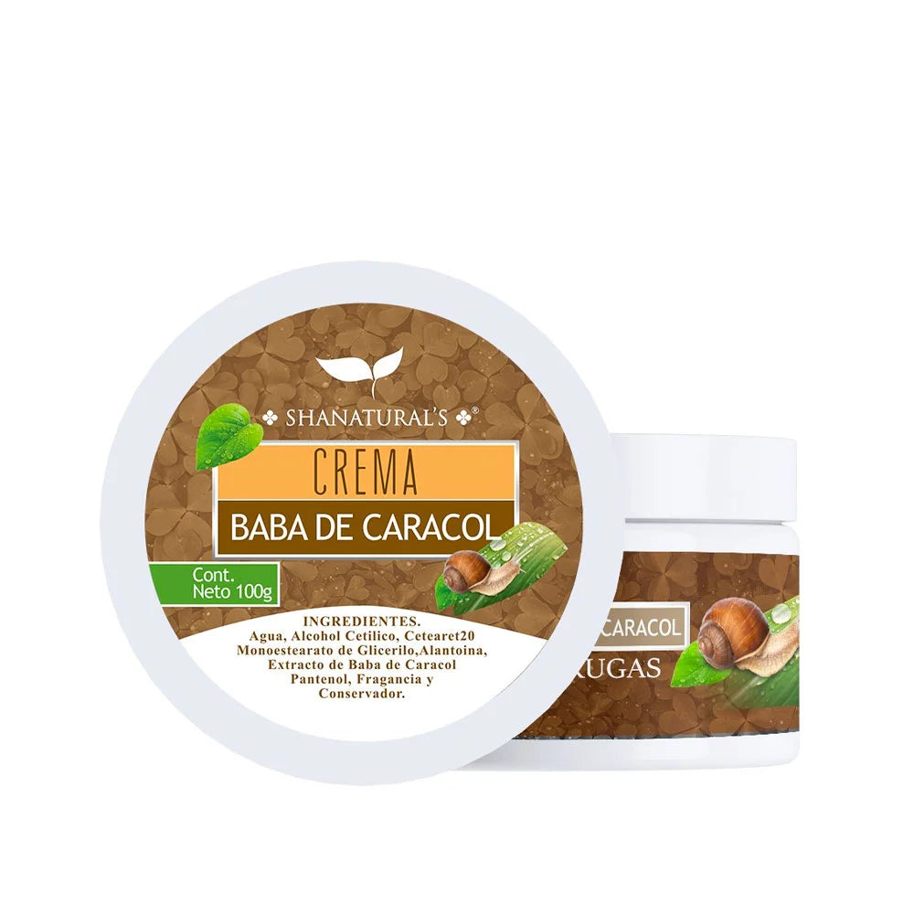 Crema facial de la marca Shanatural's, elaborada a base de extracto de Baba de Caracol. Presentación en tarro de 100 g. Esta crema está formulada con ingredientes como agua, alcohol cetílico, ceteareth-20, monoestearato de glicerilo, alantoína, pantenol y fragancia, diseñada para el cuidado diario de la piel, proporcionando hidratación y nutrición. Sugerencia de uso: aplicar sobre la piel limpia según sea necesario para mantener la suavidad y salud cutánea.