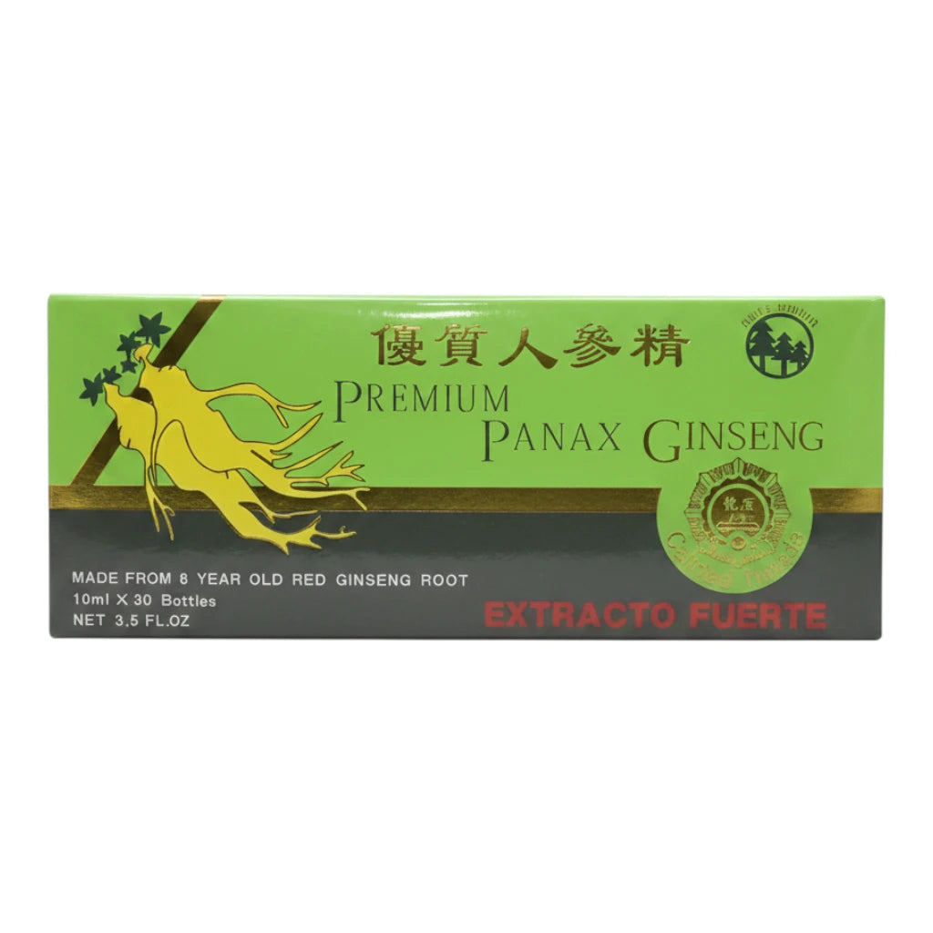Suplemento alimenticio Premium Panax Ginseng (Extracto Fuerte) de la marca Panax, presentación en caja verde claro y dorado con la ilustración de una raíz de ginseng completa en color dorado; contiene 30 botellas de 10 ml cada una (Made from 8 year old red ginseng root / 10ml X 30 Bottles / Net 3.5 FL.OZ), con sello de calidad premium garantizada, diseñada para el soporte nutricional y bienestar diario