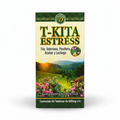 Suplemento alimenticio T-Kita Estress de la marca Dina, presentación en caja verde con detalles dorados y la ilustración de un paisaje natural de montañas, un amanecer y flores rosas en primer plano; fórmula a base de Tila, Valeriana, Pasiflora, Azahar y Lechuga, diseñada para el soporte nutricional contra el estrés y el bienestar diario, con un contenido de 60 tabletas de 600mg cada una
