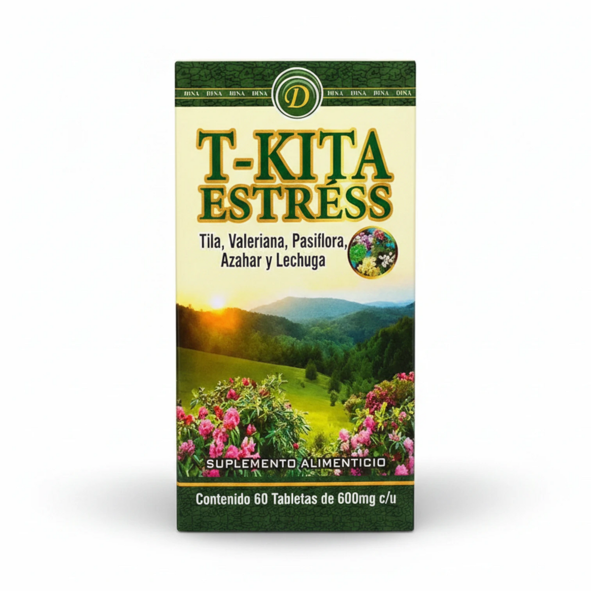 Suplemento alimenticio T-Kita Estress de la marca Dina, presentación en caja verde con detalles dorados y la ilustración de un paisaje natural de montañas, un amanecer y flores rosas en primer plano; fórmula a base de Tila, Valeriana, Pasiflora, Azahar y Lechuga, diseñada para el soporte nutricional contra el estrés y el bienestar diario, con un contenido de 60 tabletas de 600mg cada una