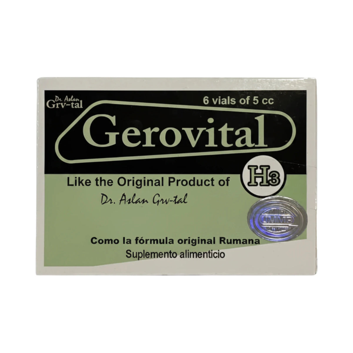 Caja verde y negra de Gerovital H3 con 6 viales de 5 cc, sobre fondo blanco