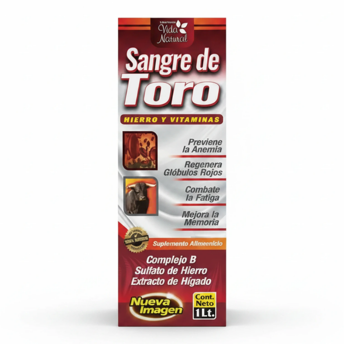 Suplemento alimenticio Tónico Sangre de Toro de la marca Vida Natural, presentación en caja roja y blanca con ilustraciones de un toro y glóbulos rojos; fórmula con Complejo B, Sulfato de Hierro y Extracto de Hígado, diseñada para prevenir la anemia, regenerar glóbulos rojos, combatir la fatiga y mejorar la memoria, aportando soporte nutricional diario