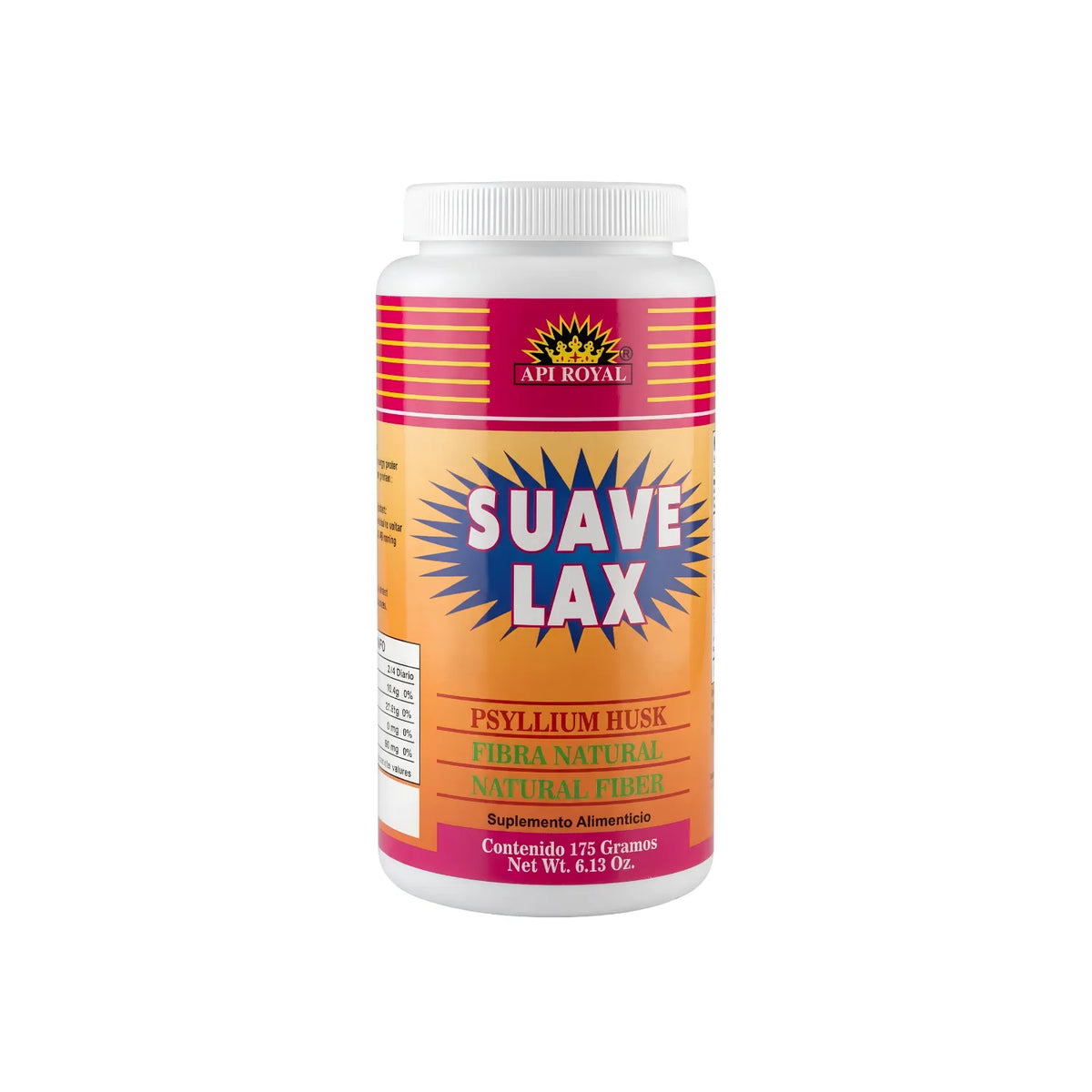 Suplemento alimenticio Suave Lax de Api Royal, presentación en frasco de 175 g. Formulado a base de Psyllium Husk (fibra natural), ideal para complementar la nutrición diaria, favorecer la salud digestiva y apoyar el tránsito intestinal de manera natural.