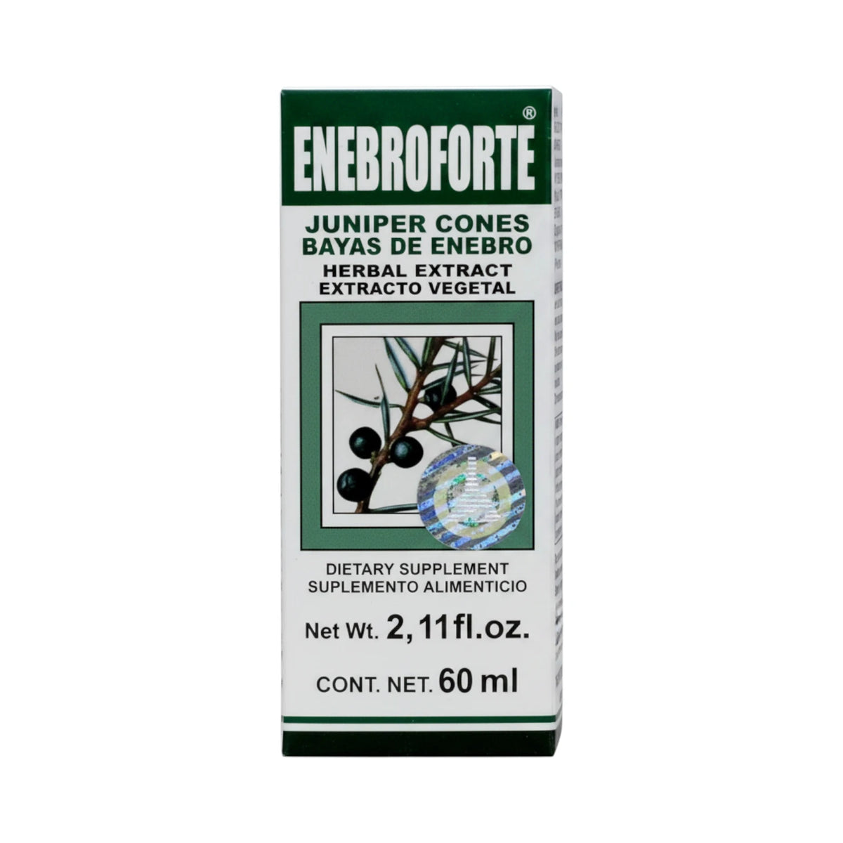 Caja verde y blanca de Enebroforte extracto de bayas de enebro, 60 ml, con ilustración de rama de enebro, sobre fondo blanco