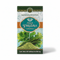 Suplemento alimenticio Alga Spirulina de la marca Dina, presentación en caja verde y blanca con ilustraciones de hojas e ingredientes herbales; contiene 150 tabletas de 500 mg cada una y está diseñado como antioxidante para el soporte nutritional diario