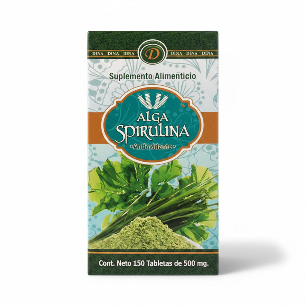 Suplemento alimenticio Alga Spirulina de la marca Dina, presentación en caja verde y blanca con ilustraciones de hojas e ingredientes herbales; contiene 150 tabletas de 500 mg cada una y está diseñado como antioxidante para el soporte nutritional diario