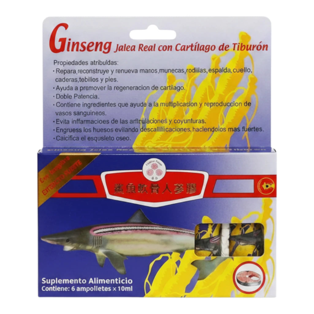 Suplemento alimenticio Ginseng Jalea Real con Cartílago de Tiburón en presentación de empaque con pestaña para colgar y caja azul con amarillo; contiene 6 ampolletas de 10 ml cada una (Contenido: 6 ampolletas × 10 ml) y su fórmula está diseñada para la regeneración de cartílago, flexibilidad de articulaciones y coyunturas, aportando soporte nutricional diario