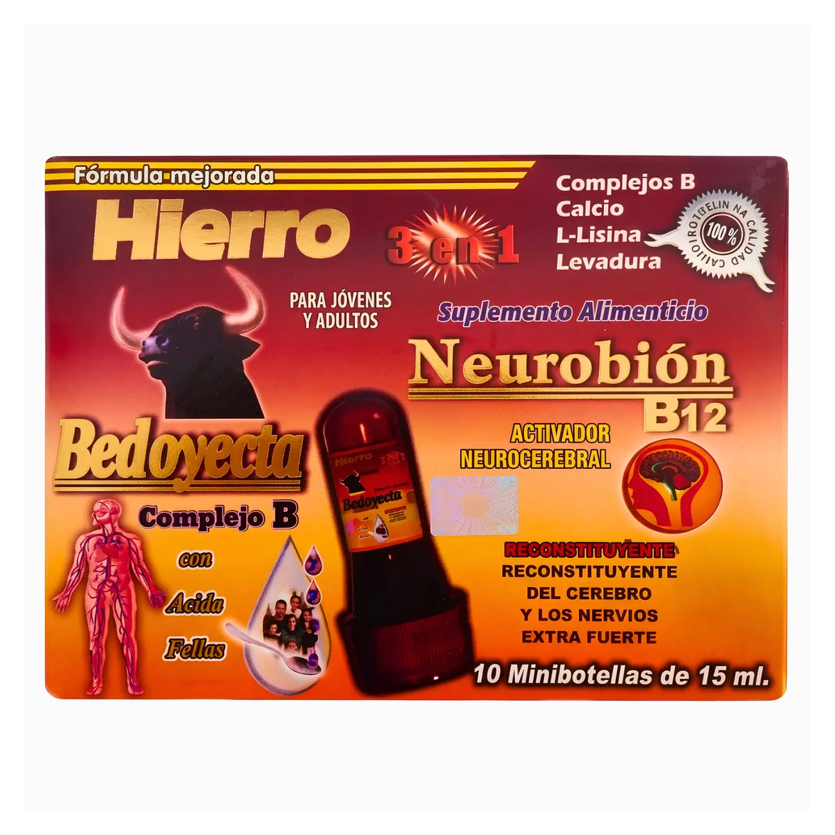 Suplemento alimenticio Bedoyecta, Hierro Neurobión B12, presentación en caja con 10 minibotellas bebibles de 15 ml cada una. Fórmula mejorada "3 en 1" adicionada con Hierro, Complejos B, Calcio, L-Lisina y Levadura. Diseñado como activador neurocerebral y reconstituente extra fuerte para el cerebro y los nervios, ideal para complementar la nutrición diaria y recuperar vitalidad.