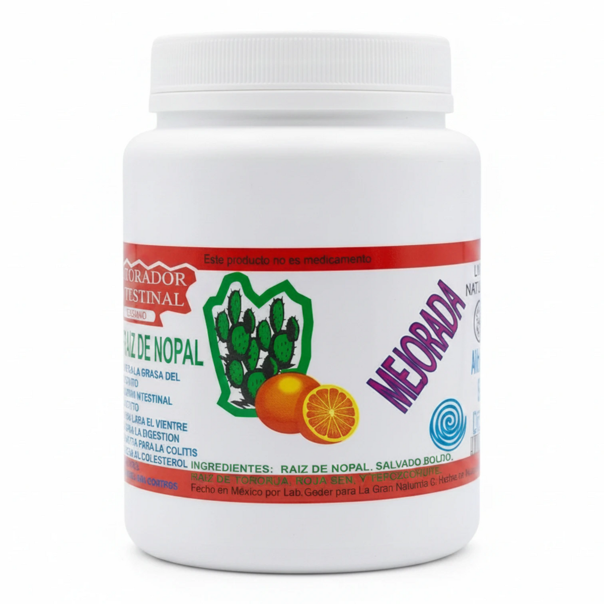 Suplemento alimenticio Raíz de Nopal Fórmula Mejorada de la marca Limpiador Intestinal, presentación en frasco cilíndrico blanco con tapa blanca; contiene ingredientes como raíz de nopal, salvado, boldo, raíz de toronja, hoja sen y tecojote, con ilustraciones de nopales y naranjas en la etiqueta, diseñado para el soporte digestivo y bienestar intestinal diario