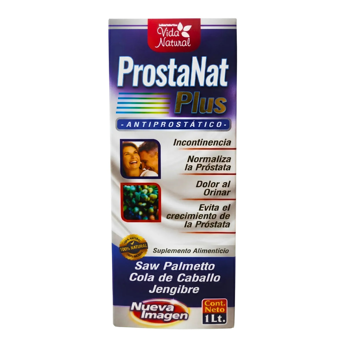 Tónico ProstaNat Plus de la marca Vida Natural, presentación en frasco de 1 litro. Formulado con una mezcla natural de Saw Palmetto, Cola de Caballo y Jengibre. Producto diseñado para auxiliar en la salud prostática, ayudando a normalizar la próstata, aliviar molestias como el dolor al orinar, reducir la incontinencia y evitar el crecimiento de la próstata, complementando la nutrición diaria.