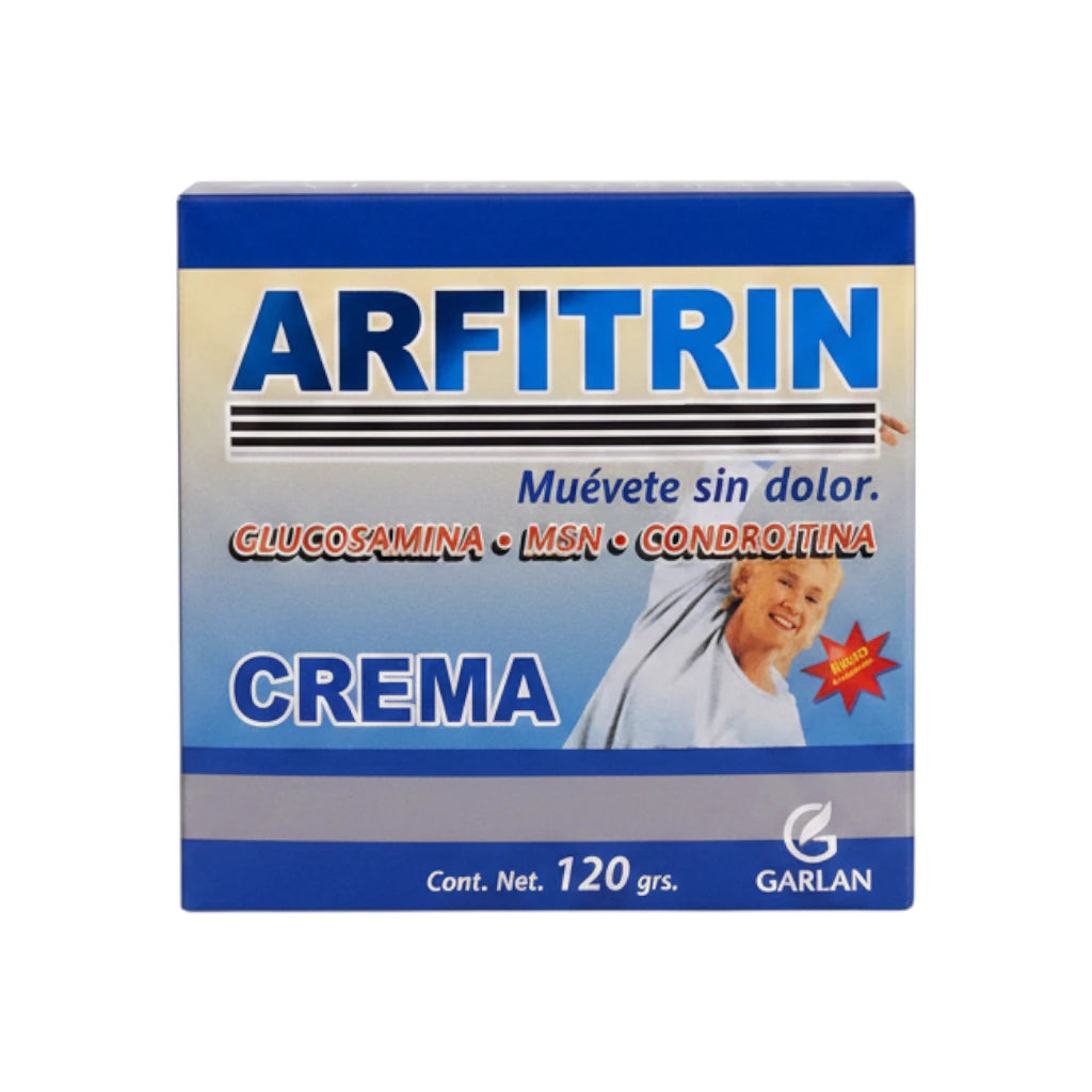 Crema Arfitrin de 120g de laboratorios Garlan, tratamiento auxiliar de uso externo formulado con glucosamina, MSM y condroitina para aliviar el dolor muscular y articular bajo el lema "Muévete sin dolor"