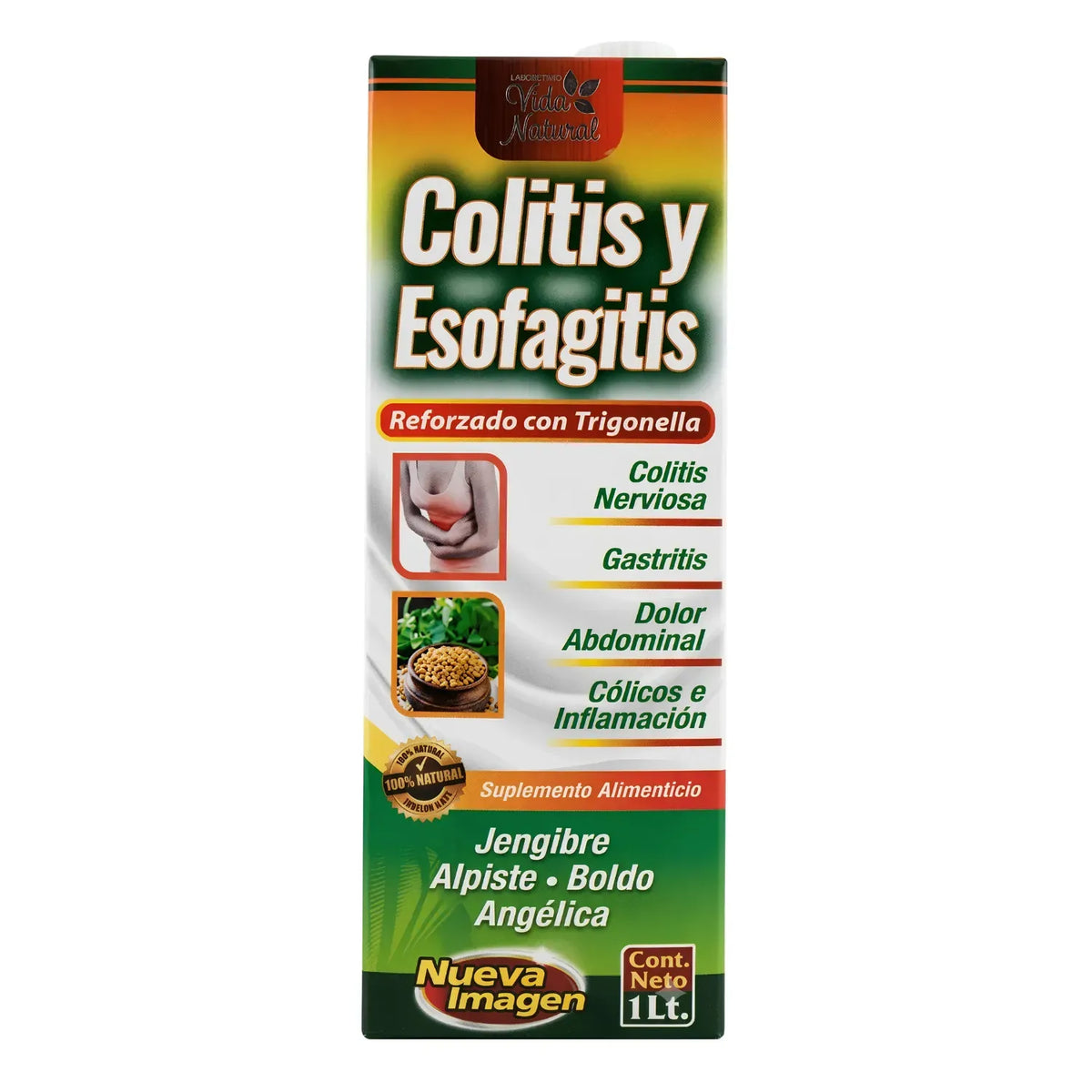 Tónico para la Colitis y Esofagitis de la marca Vida Natural, presentación en frasco de 1 litro. Reforzado con Trigonella y formulado con una mezcla natural de Jengibre, Alpiste, Boldo y Angélica. Producto diseñado para complementar la nutrición diaria y auxiliar en el alivio de la colitis nerviosa, gastritis, dolor abdominal, cólicos e inflamación.