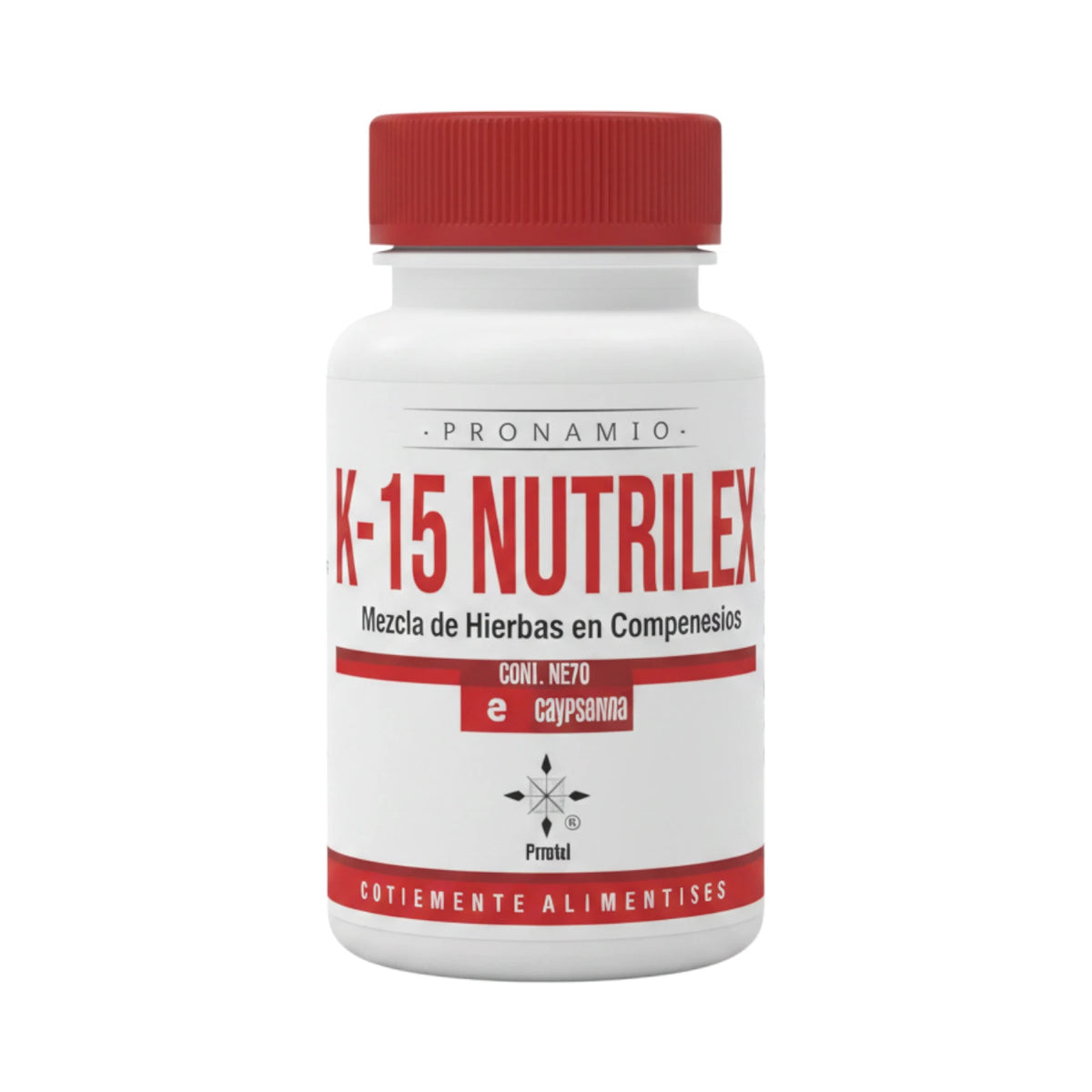 Frasco de K-15 Nutrilex Pronamed, mezcla de hierbas en comprimidos, presentación de 40 comprimidos.