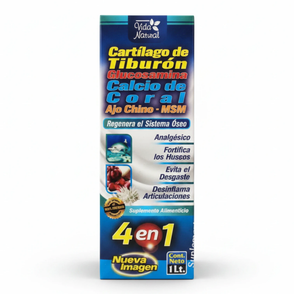 Tónico de Cartílago de Tiburón 4 en 1 Vida Natural de 1 Litro, suplemento para regenerar el sistema óseo y desinflamar articulaciones