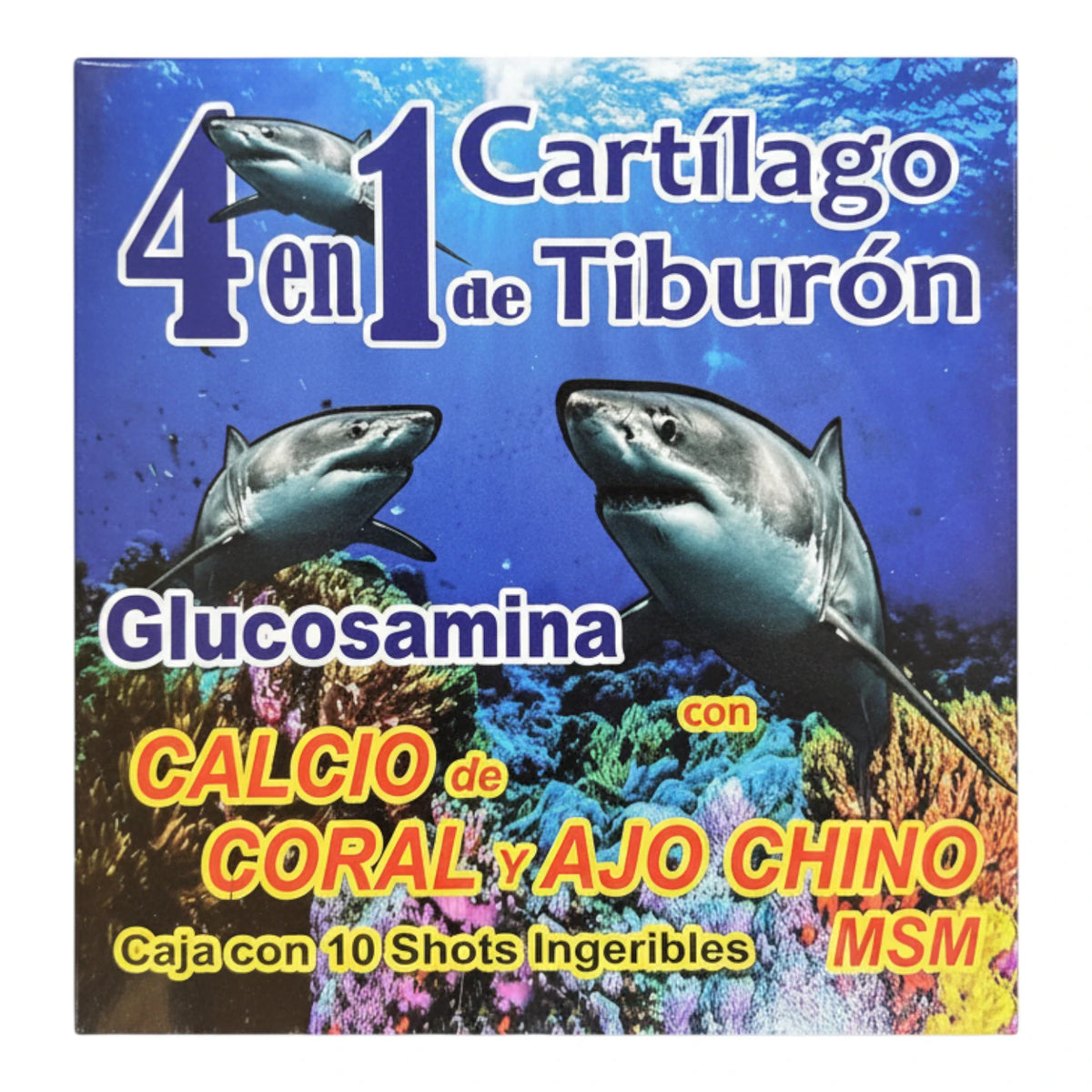 Caja azul de 4 en 1 Cartílago de Tiburón con ilustración de tiburones y arrecife de coral, 10 shots ingeribles, sobre fondo blanco