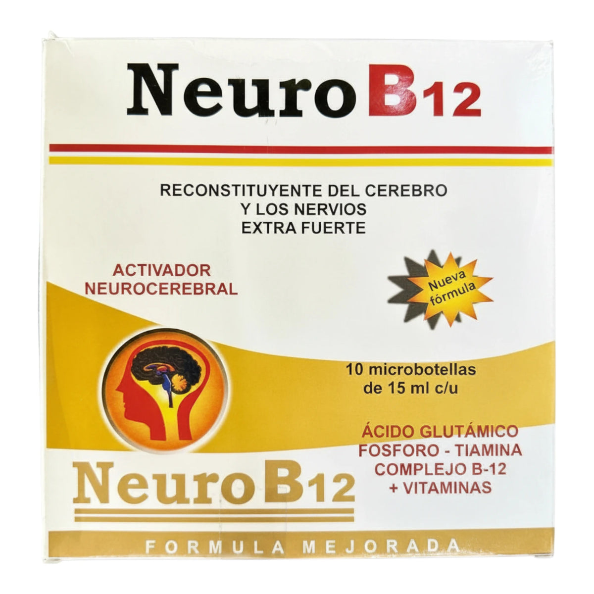 Caja blanca y dorada de Neuro B12 con ilustración de cabeza y cerebro, 10 microbotellas de 15 ml, sobre fondo blanco