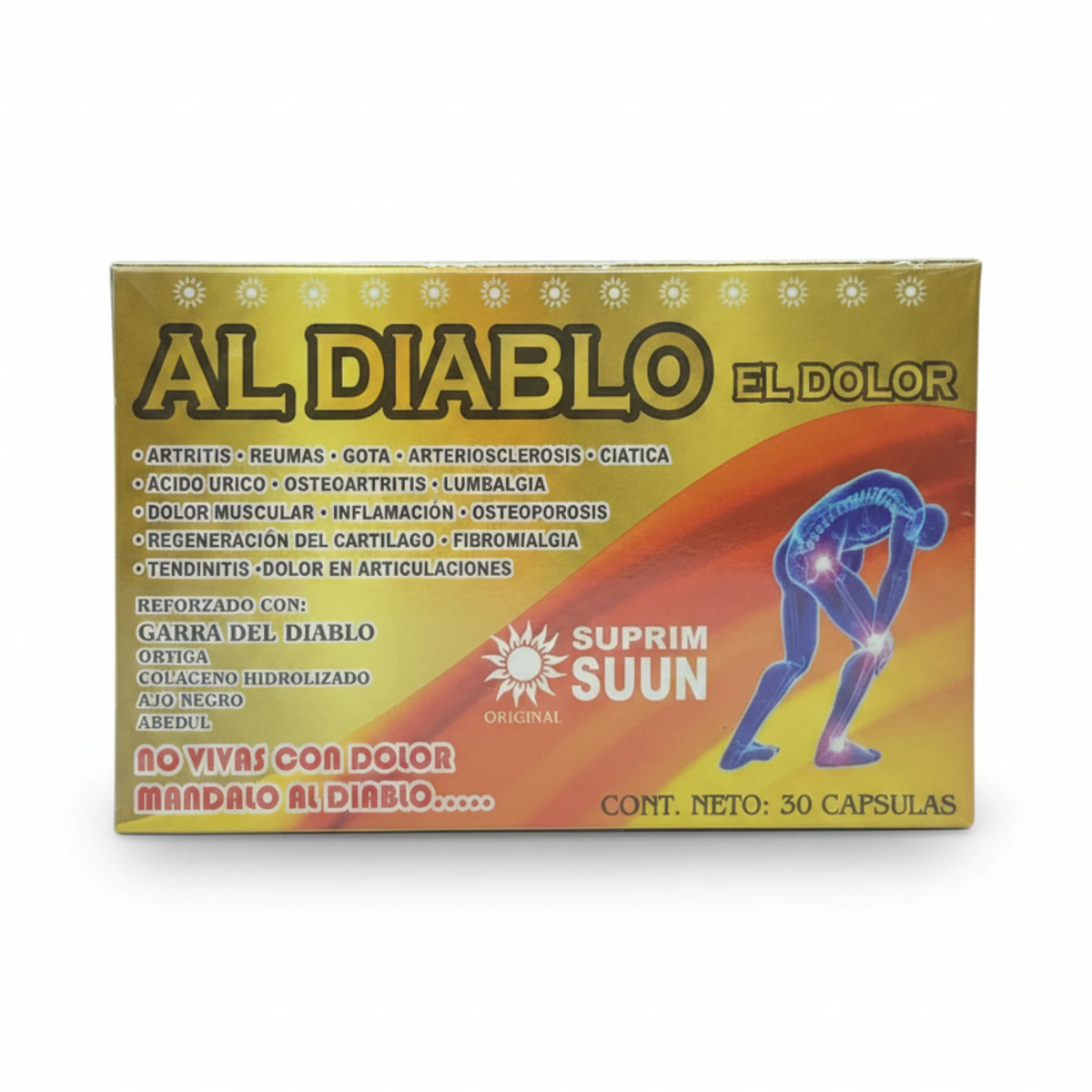 Suplemento alimenticio Al Diablo el Dolor, caja con 30 cápsulas formulado con garra del diablo, omega, colágeno hidrolizado y ajo negro, para el alivio de artritis, reumatismo, gota y dolor articular.