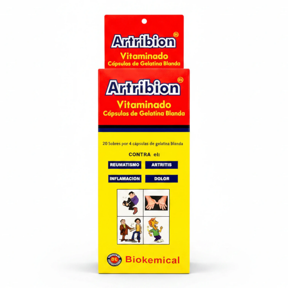 Suplemento Artribion Vitaminado Biokemical con cápsulas de gelatina c/20 sobres blanda, fórmula para el alivio del dolor, inflamación, reumatismo y artritis.