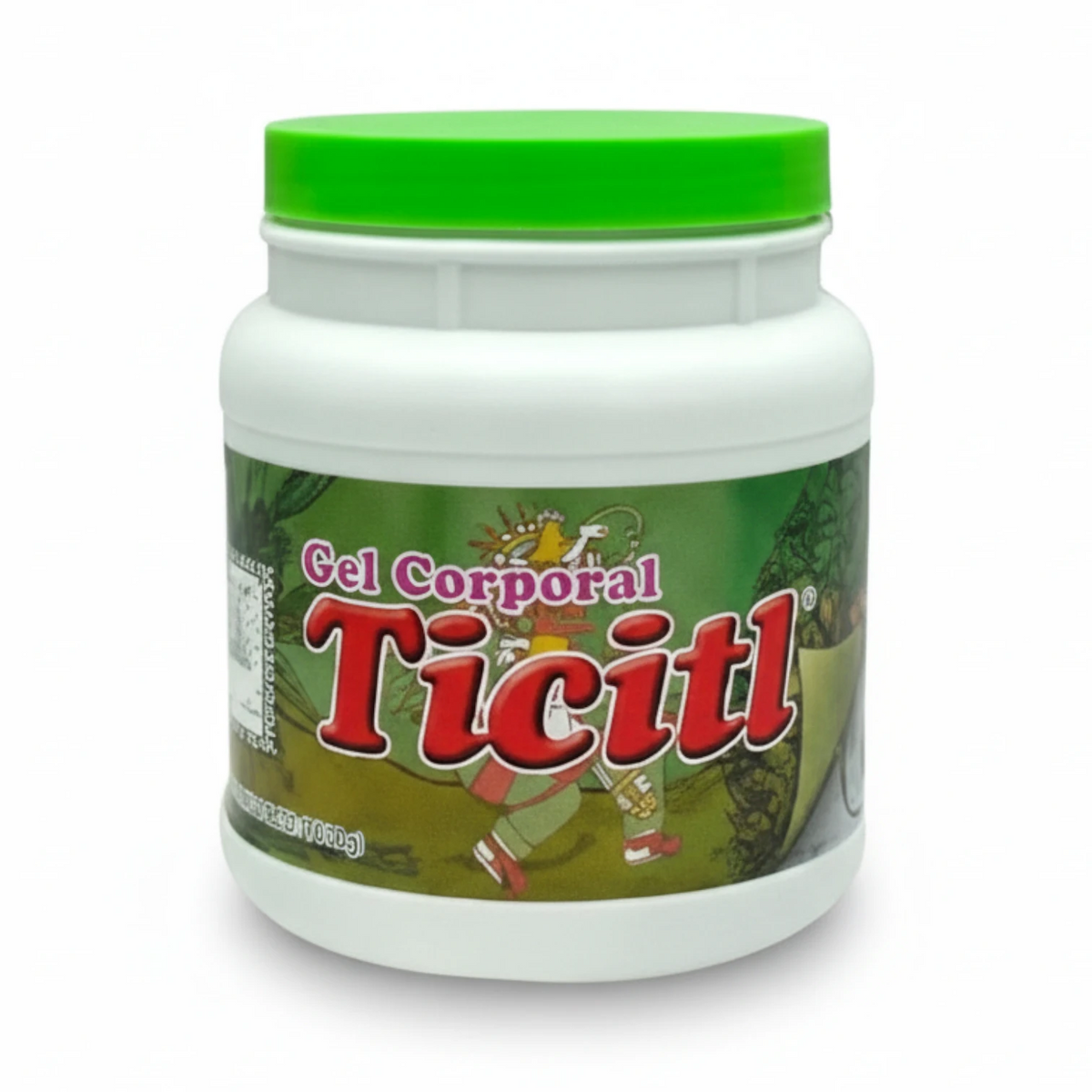 Frasco blanco de 1.4 kg de Gel Corporal Ticitl con tapa verde y etiqueta verde con letras rojas e ilustración prehispánica, sobre fondo blanco