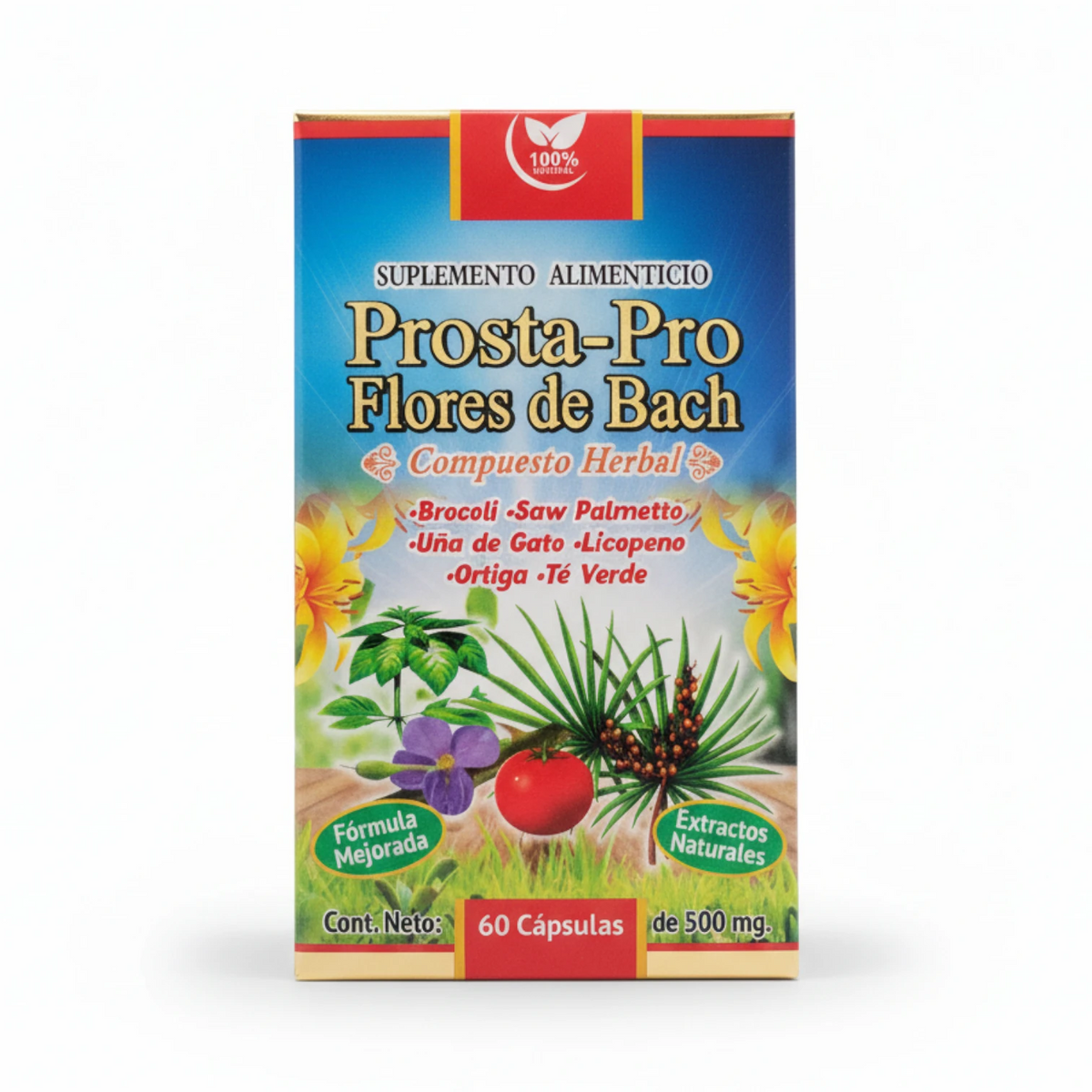 Caja azul de Prosta-Pro Flores de Bach compuesto herbal con imagen de palma, jitomate y flores, 60 cápsulas de 500 mg, sobre fondo blanco