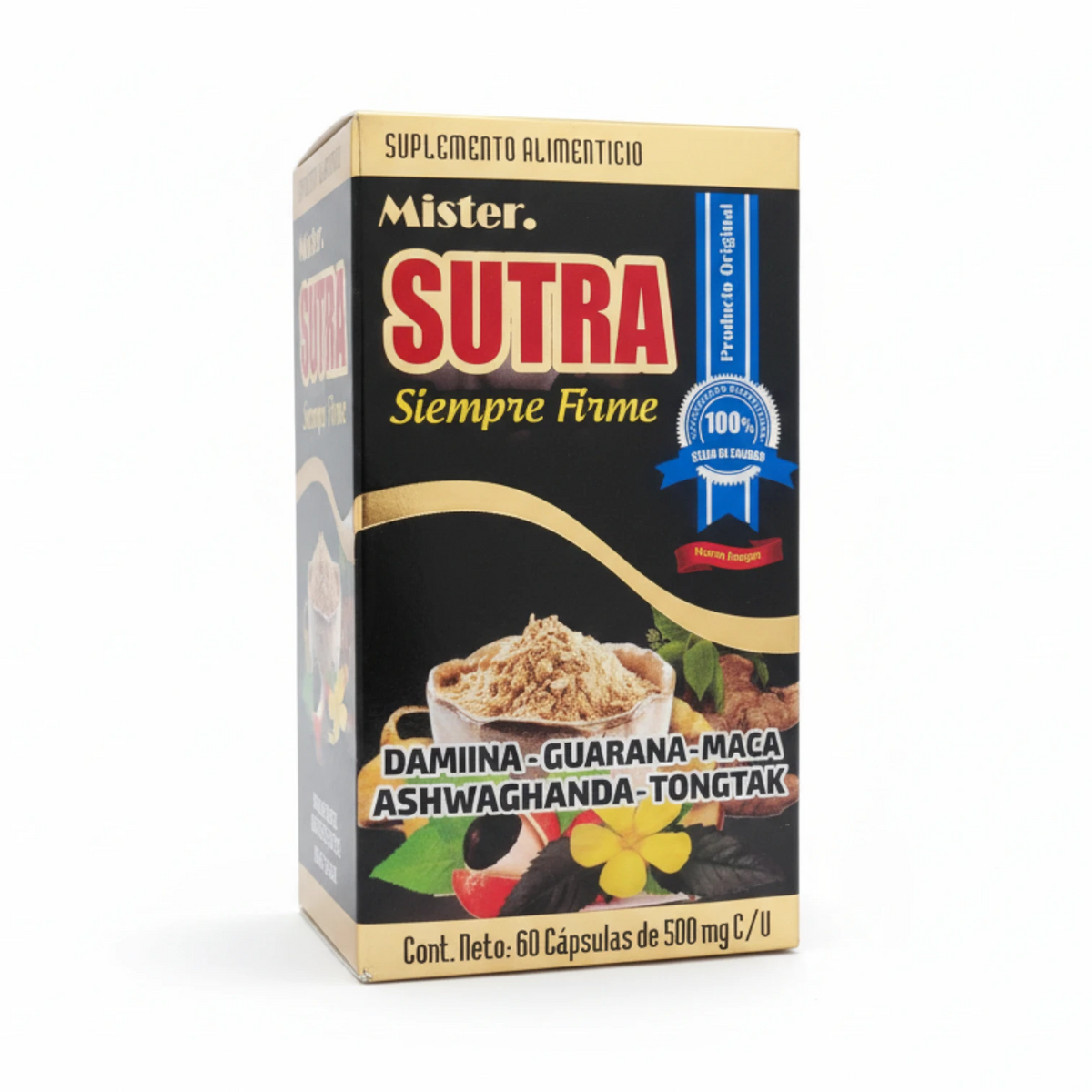 Caja negra y dorada de Mister Sutra Siempre Firme con imagen de polvo herbal, raíces y flor amarilla, 60 cápsulas de 500 mg, sobre fondo blanco