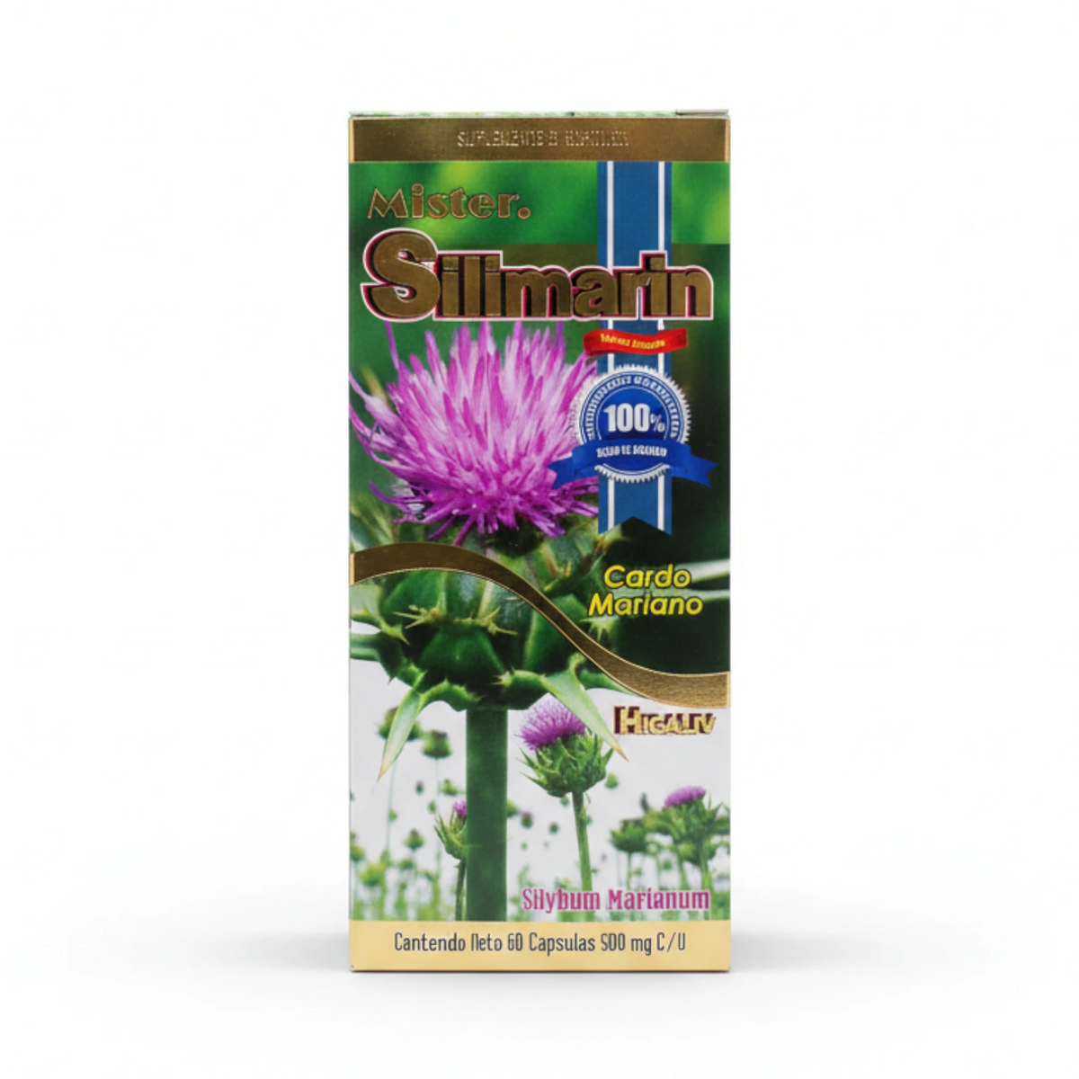 Caja verde y dorada de Mister Silimarin Higaliv con imagen de flor morada de cardo mariano, 60 cápsulas de 500 mg, sobre fondo blanco