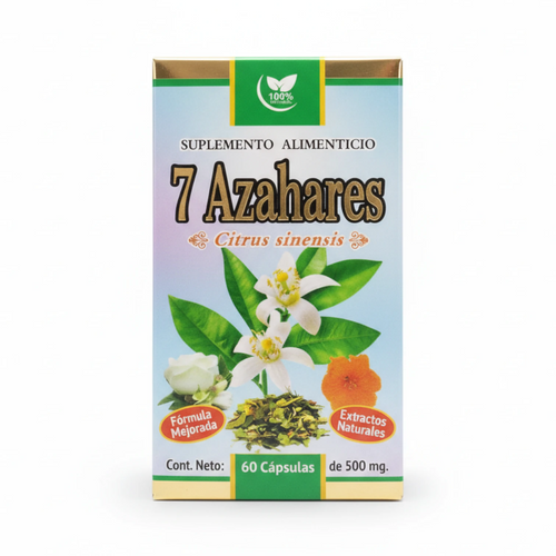 Caja azul claro y verde de 7 Azahares Citrus sinensis con imagen de flores blancas de azahar, 60 cápsulas de 500 mg, sobre fondo blanco