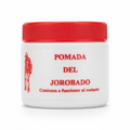 Tarro blanco con tapa roja de Pomada del Jorobado de 120 g con letras rojas y figura de un hombre jorobado, sobre fondo blanco