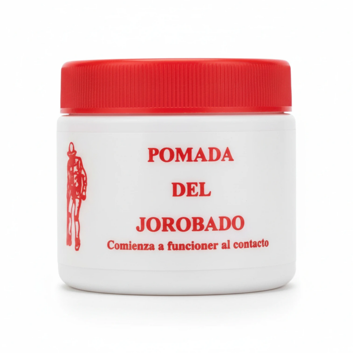 Tarro blanco con tapa roja de Pomada del Jorobado de 120 g con letras rojas y figura de un hombre jorobado, sobre fondo blanco
