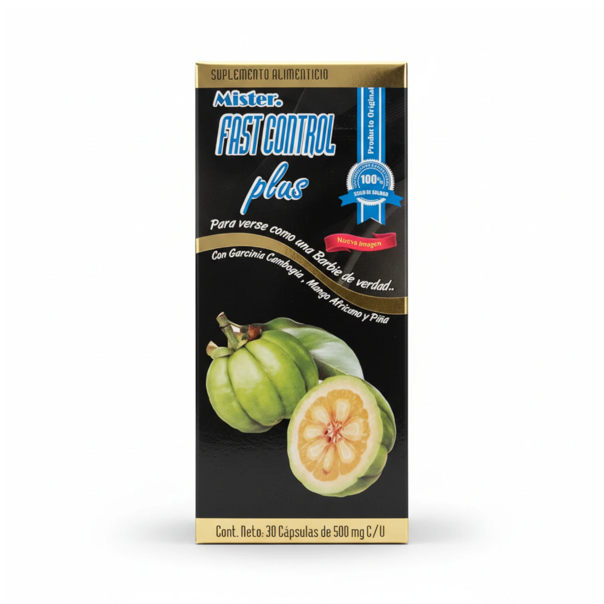 Caja negra y dorada de Mister Fast Control Plus con imagen de frutos de garcinia cambogia, 30 cápsulas de 500 mg, sobre fondo blanco