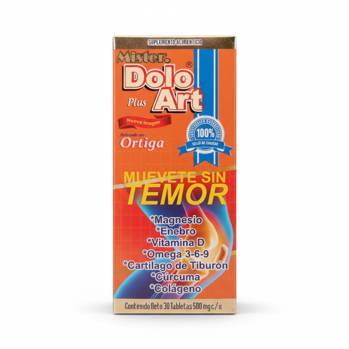 Caja naranja de Mister Dolo Art Plus reforzado con ortiga, con ilustración de rodilla y lista de ingredientes, 30 tabletas de 500 mg, sobre fondo blanco