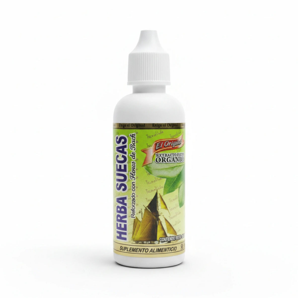 Frasco gotero blanco de 80 ml de Hierbas Suecas El Original, etiqueta verde claro con ilustración de un velero, sobre fondo blanco