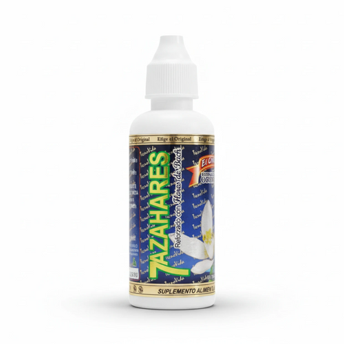 Frasco gotero blanco de 80 ml de 7 Azahares El Original, etiqueta azul marino con flor blanca de azahar y letras verdes y doradas, sobre fondo blanco