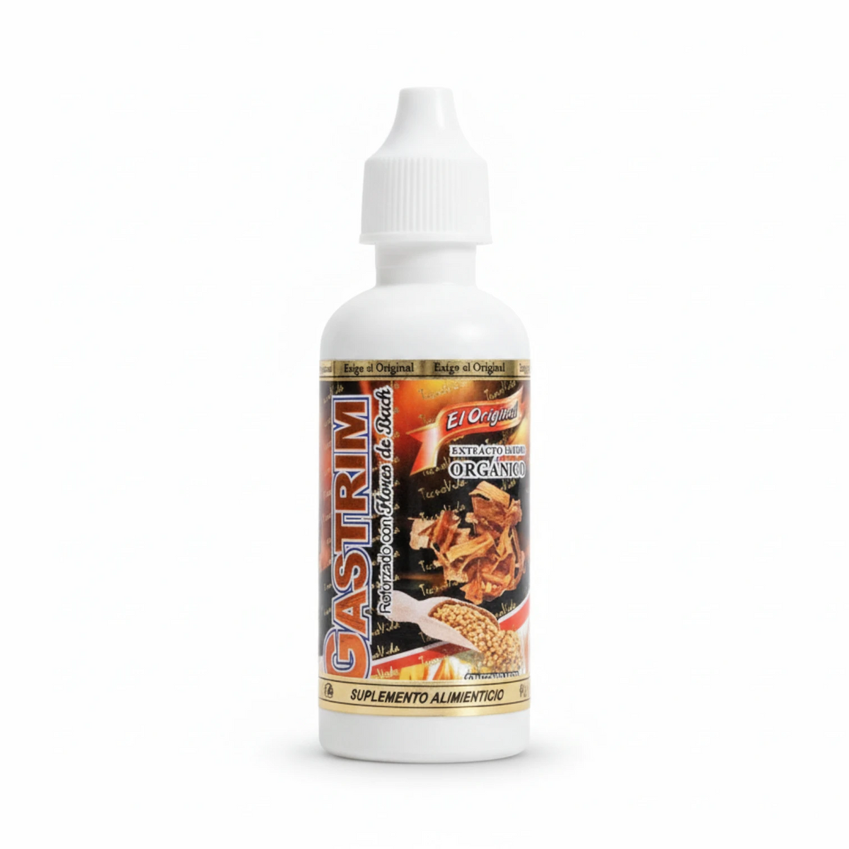 Frasco gotero blanco de 80 ml de Gastrim El Original, etiqueta negra y naranja con corteza y semillas, sobre fondo blanco