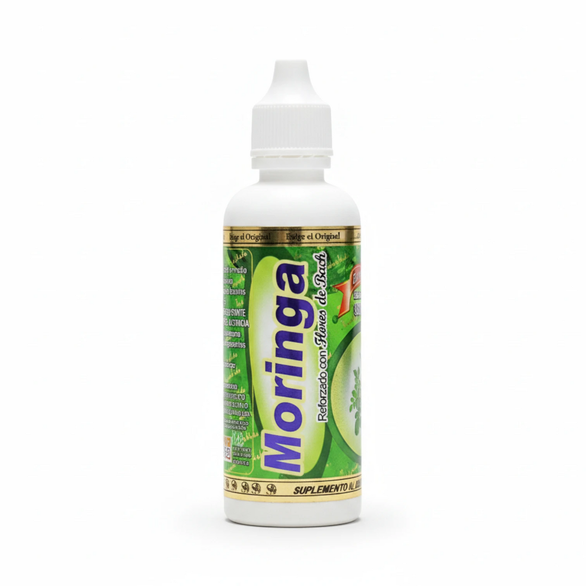 Frasco gotero blanco de 80 ml de Moringa El Original, etiqueta verde con letras moradas y hojas de moringa, sobre fondo blanco