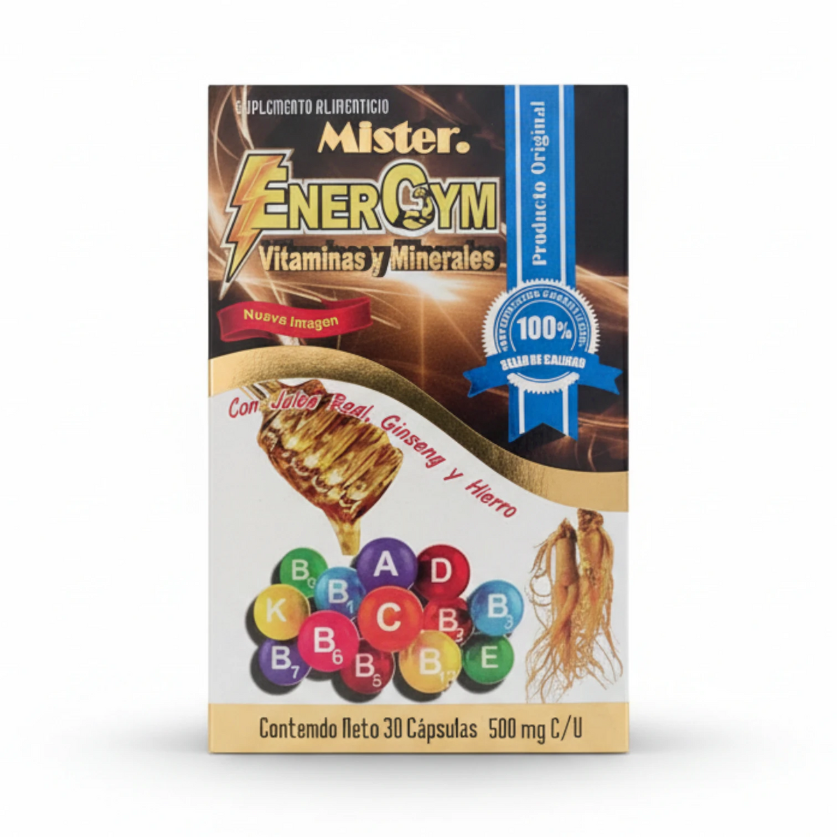 Caja negra y dorada de Mister Energym vitaminas y minerales con jalea real, ginseng y hierro, con esferas de colores de vitaminas y raíz de ginseng, 30 cápsulas de 500 mg, sobre fondo blanco