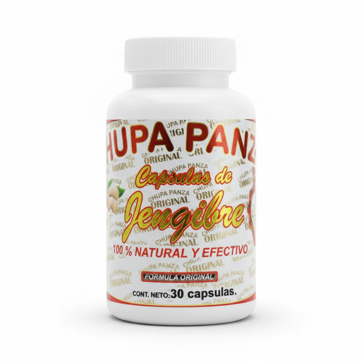 Frasco blanco de Chupa Panza Original cápsulas de jengibre con etiqueta blanca, roja y dorada, 30 cápsulas, sobre fondo blanco