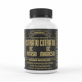 Frasco blanco con tapa negra y etiqueta negra y dorada de citrato de potasio y citrato de magnesio Línea Premium, 60 cápsulas de 600 mg, sobre fondo blanco