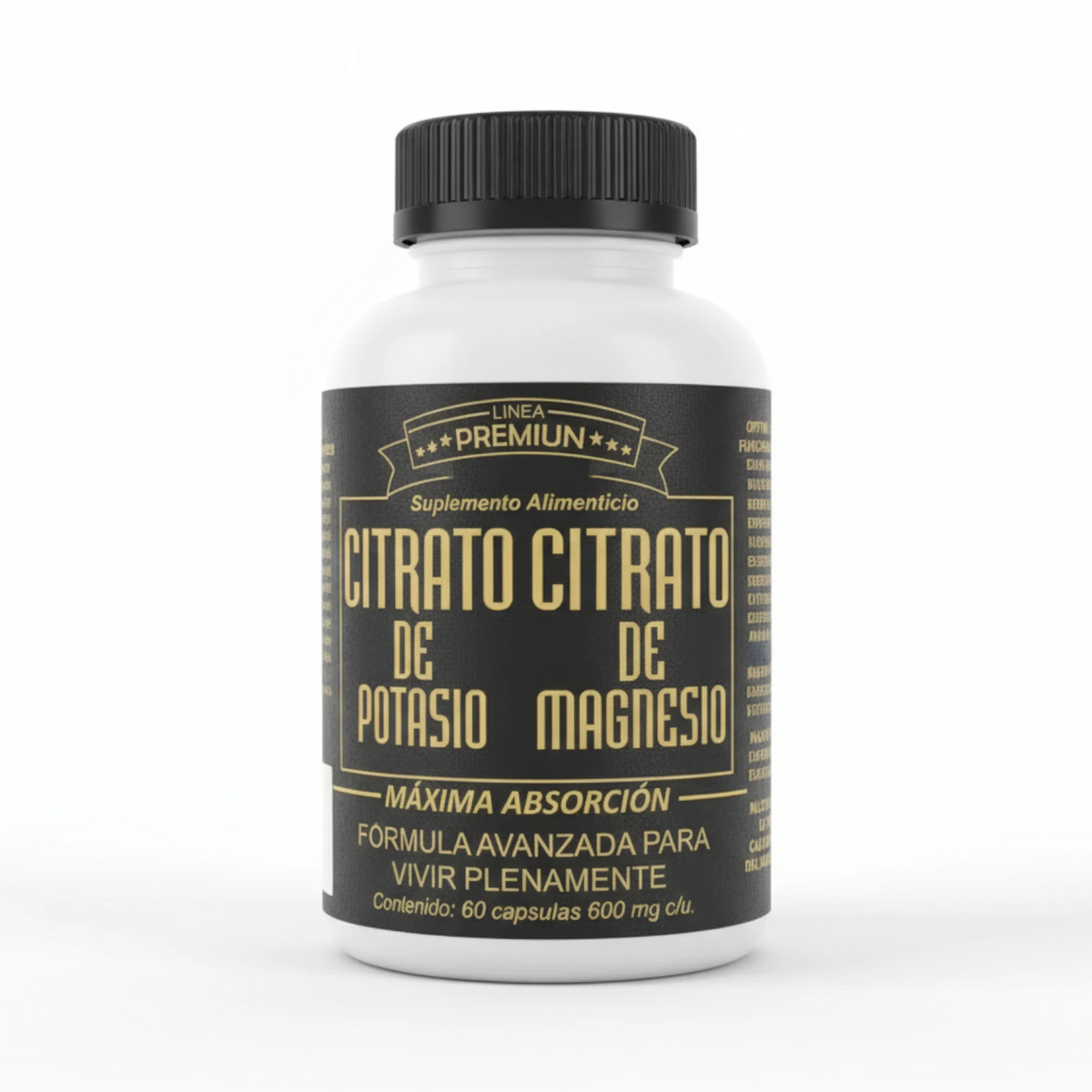 Frasco blanco con tapa negra y etiqueta negra y dorada de citrato de potasio y citrato de magnesio Línea Premium, 60 cápsulas de 600 mg, sobre fondo blanco