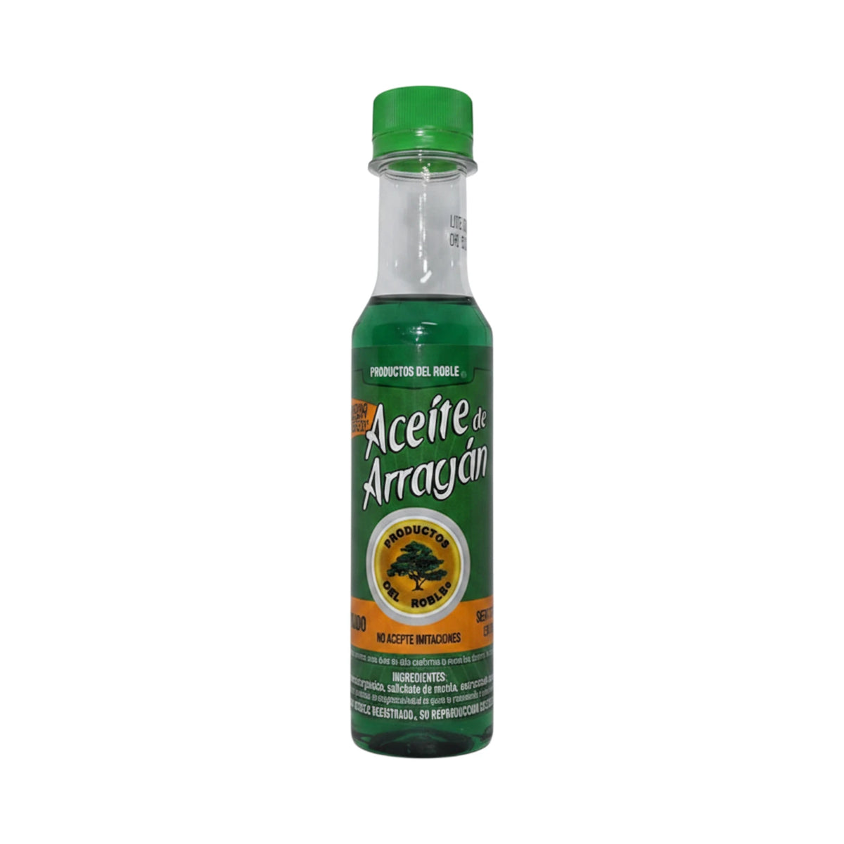 Aceite de Arrayán de la marca Productos del Roble, presentación en botella alargada de vidrio o plástico transparente con tapa de rosca verde; el líquido en su interior es de un color verde intenso. La etiqueta tiene un diseño verde con un logotipo circular que muestra un árbol y la leyenda "PRODUCTOS DEL ROBLE", seguida del nombre del producto en letras blancas y un sello que dice "NO ACEPTE IMITACIONES", diseñado para el bienestar y cuidado diario