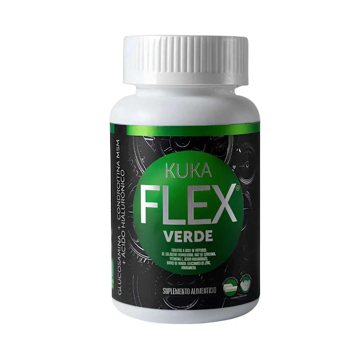 Suplemento alimenticio Kuka Flex Verde de la marca Kukamonga. Esta fórmula está elaborada a base de péptidos de colágeno hidrolizado, complementada con Glucosamina, Condroitina, MSM, Ácido Hialurónico, Vitamina C, Gluconato de Zinc y Manganeso. Es un producto diseñado para complementar la nutrición diaria, contribuyendo al bienestar integral. 