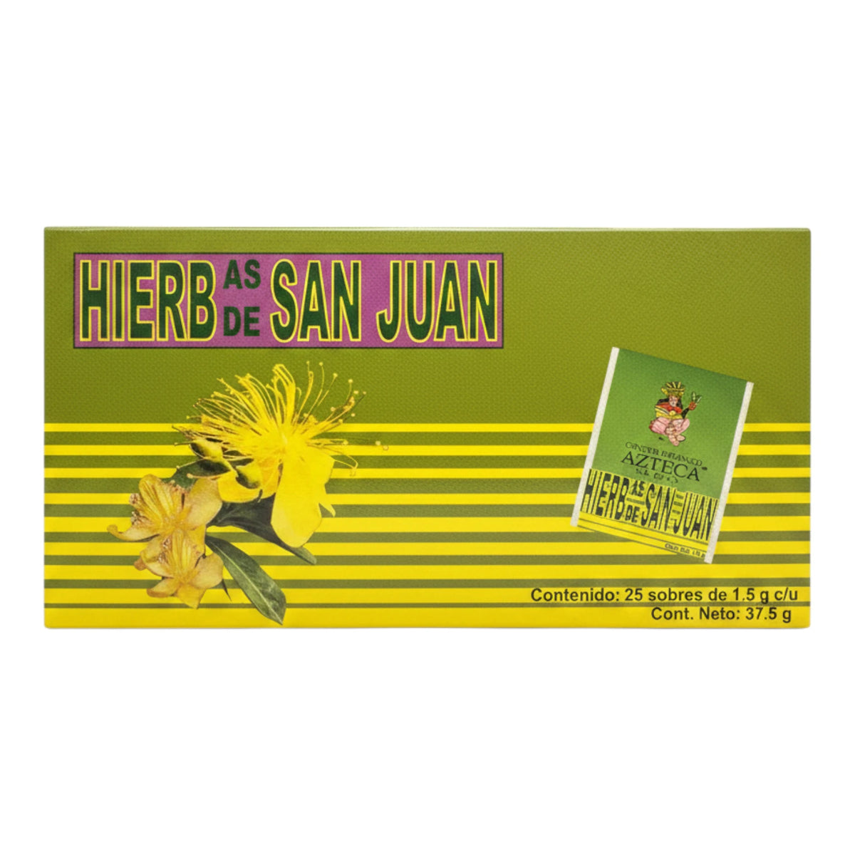 Caja verde oliva de Té Hierbas de San Juan Centro Botánico Azteca con 25 sobres, ilustración de flores amarillas, sobre fondo blanco