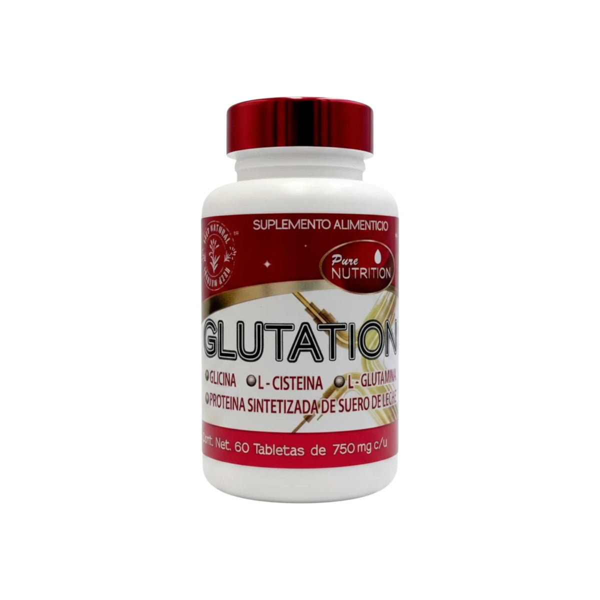 Suplemento alimenticio Glutatión de 60 tabletas de 750mg de Pure Nutrition (Pronacen), potente antioxidante para proteger las células y retrasar el envejecimiento