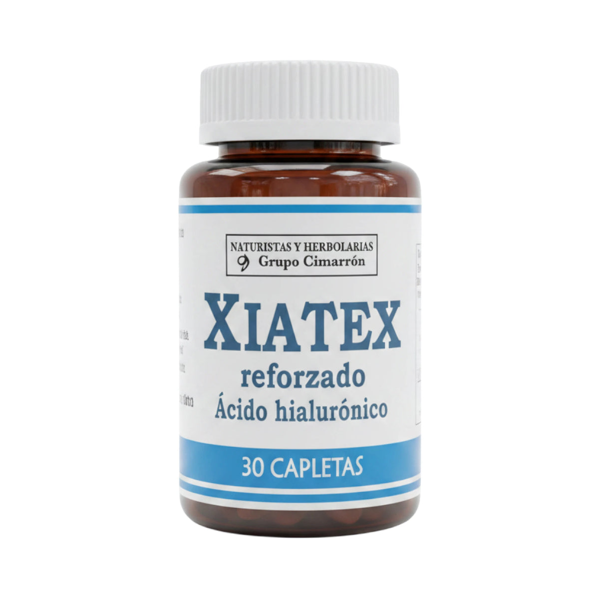 Frasco de Xiatex reforzado con ácido hialurónico, suplemento alimenticio en 30 capletas, marca Grupo Cimarrón