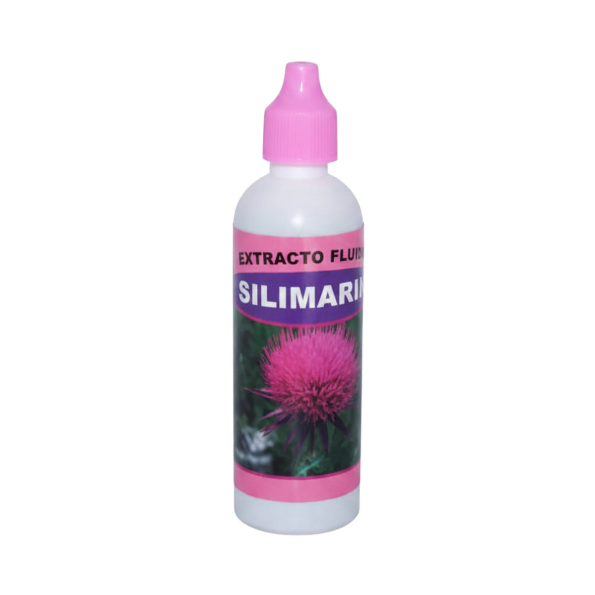 Frasco gotero blanco de Extracto Fluido de Silimarina con etiqueta rosa e ilustración de flor de cardo mariano, sobre fondo blanco