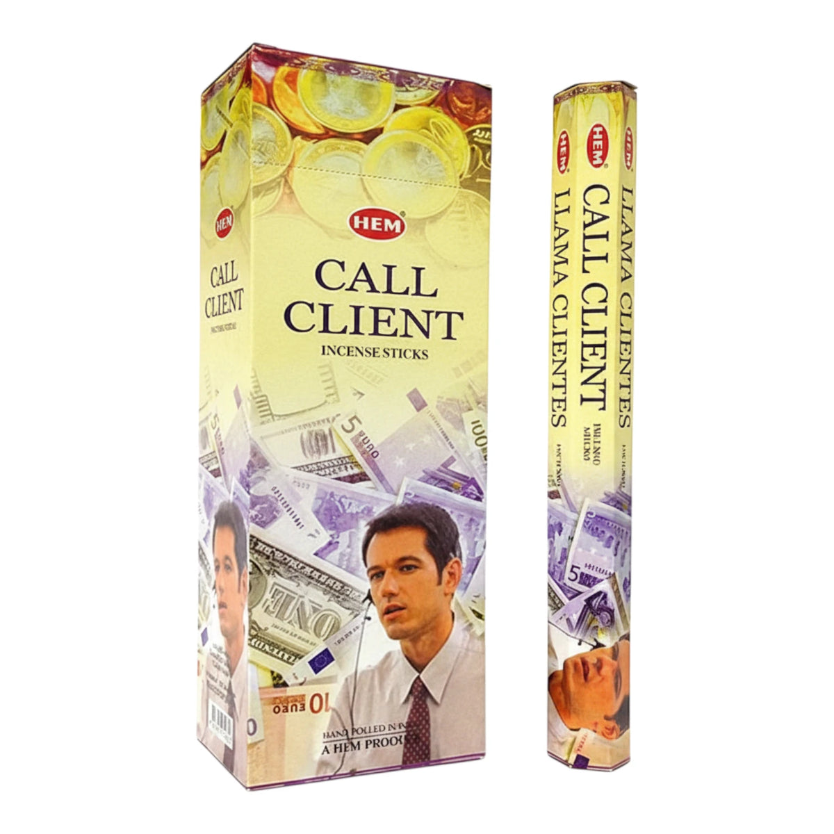 Caja de incienso HEM aroma Llama Clientes (Call Client) con 6 paquetes de 20 varitas, sobre fondo blanco